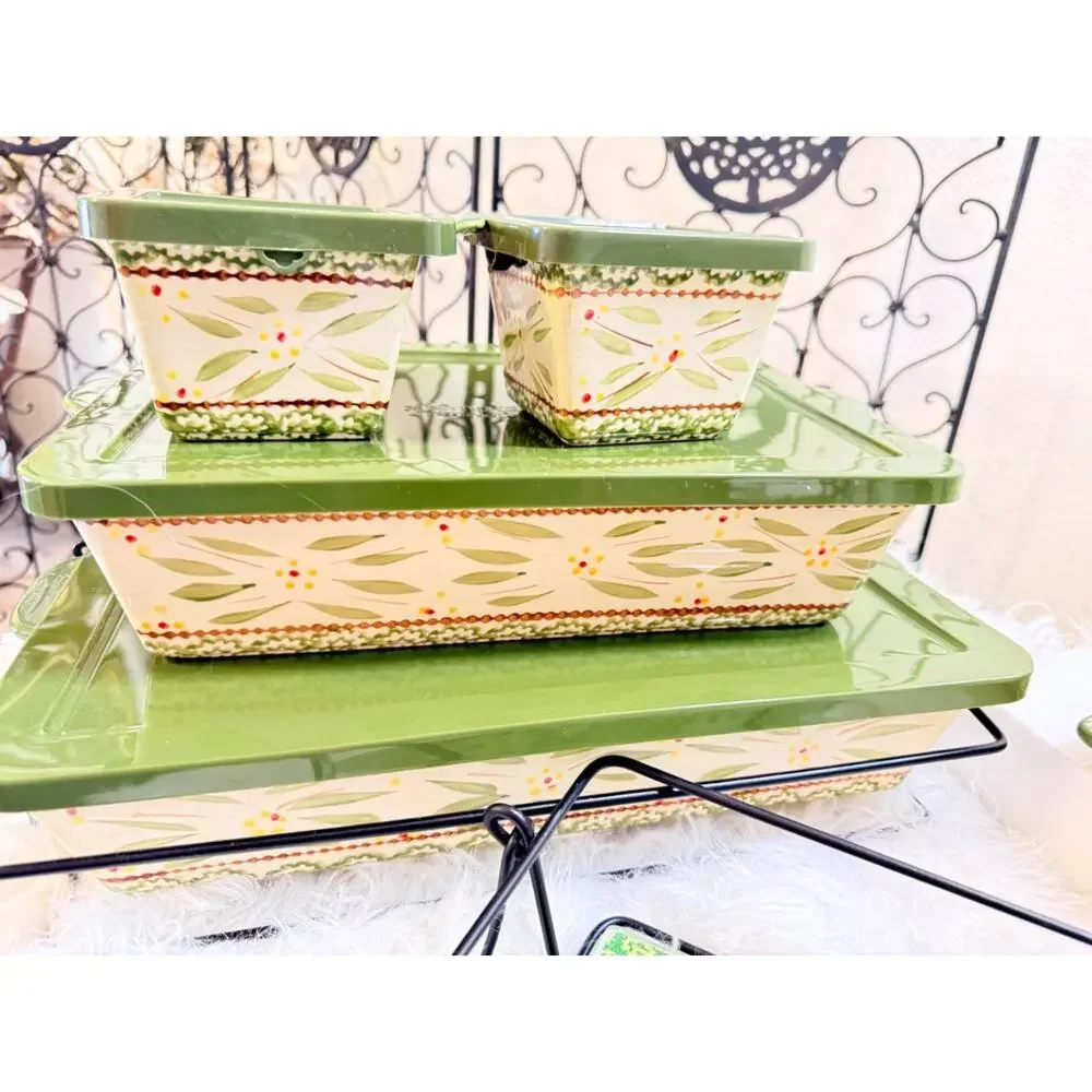 Temptations 10pc Ceramic Rectangular Baking Dish w/ Lid 2.5 qt Green/White 500°F